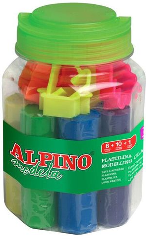 KIT PLASTILINA ALPINO BOTE 8 COLORES 80 GRS. 10 MOLDES + RODILLO