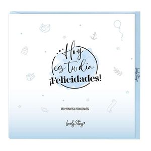 TARJETA FELIZITACION AZUL PRIMERA COMUNION HOY ES TU DIA FELICIDADES!