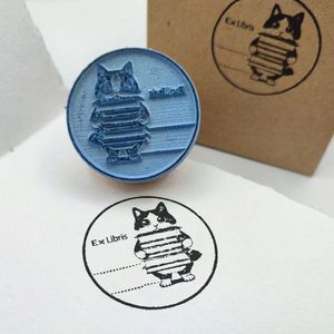 SELLO EXLIBRIS DE MADERA + TAMPON EL GATO CON LIBROS R45